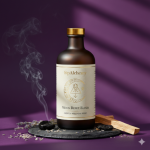 Moon Reset Elixir image purple background, with smoke representing relax and focus feelings