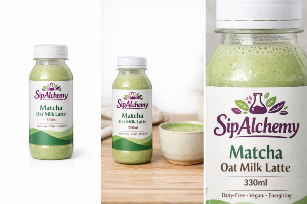 SipAlchemy Matcha Oat Milk Latte 330ml dairy-free ready-to-drink bottle with logo on white background and lifestyle setting.