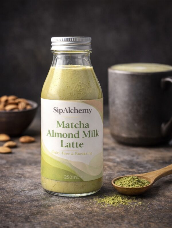 Matcha Almond Milk Latte poured into glass with matcha powder and almonds