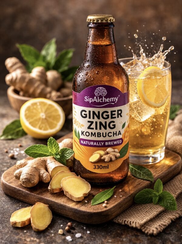 Ginger Zing Kombucha served in glass with lemon and ginger