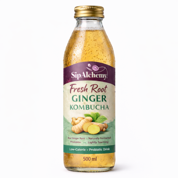 SipAlchemy Fresh Root Ginger Kombucha 500 ml glass bottle front view on white background