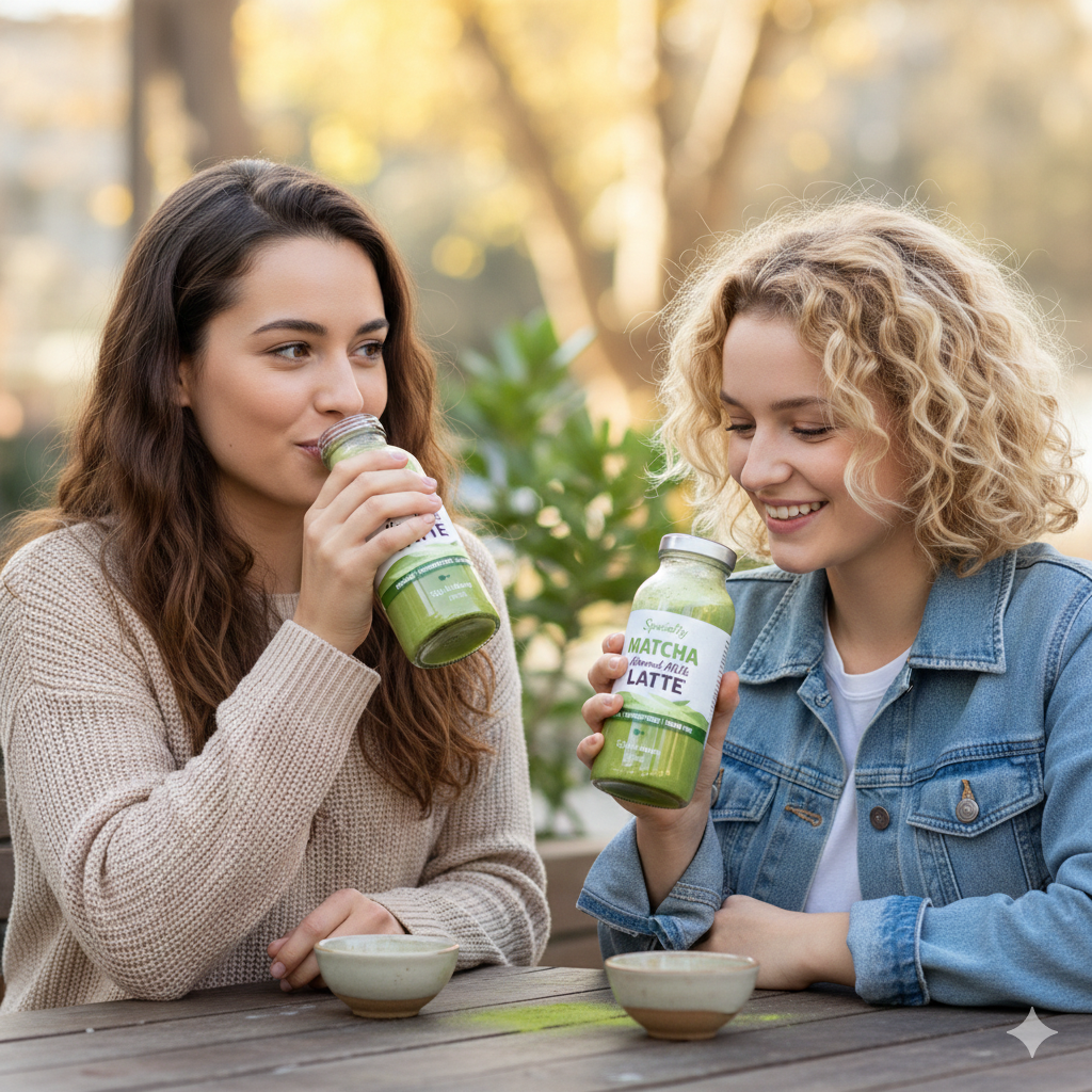 Two friends enjoy an iced Matcha Almond Milk Latte, smiling and chatting on a sunny afternoon.
