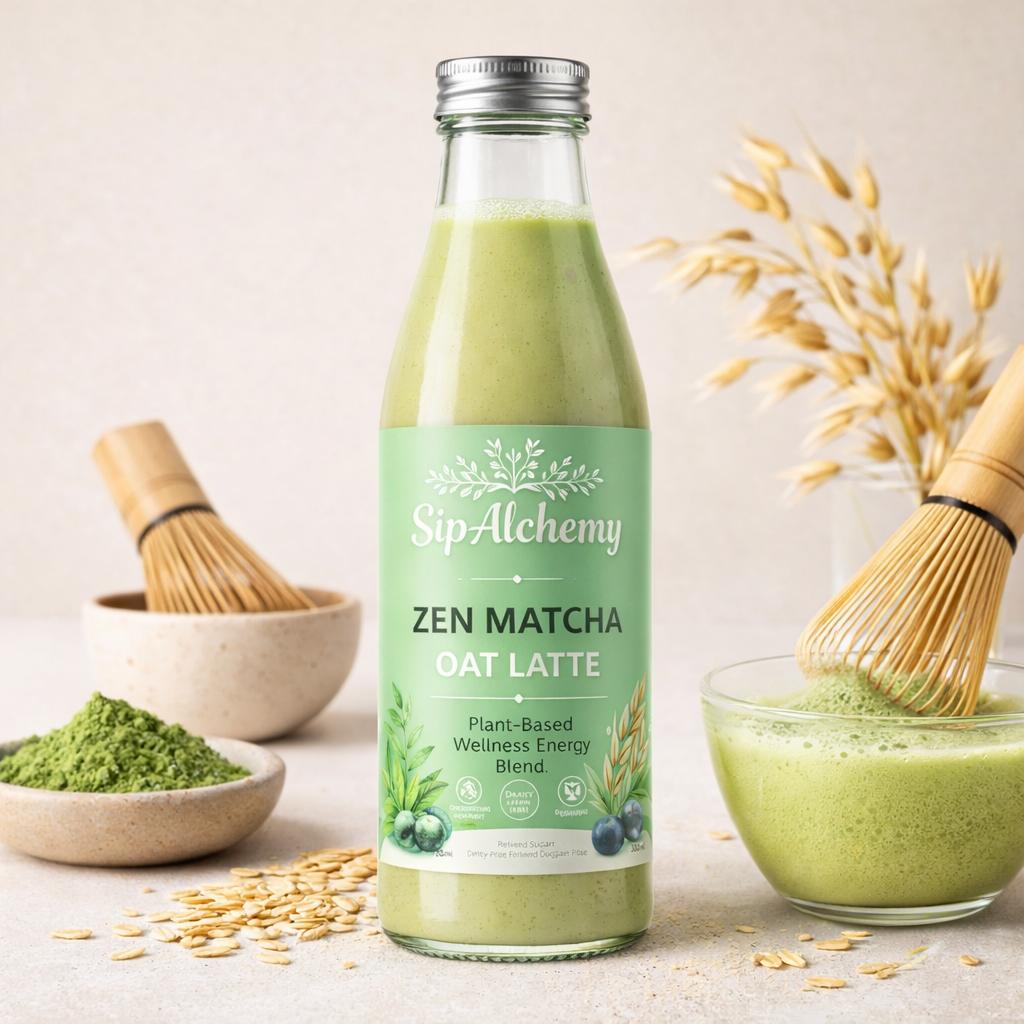 Zen Matcha Oat Latte with matcha powder, bamboo whisk and oat ingredients