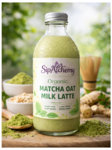 The product image features a 330ml ready-to-drink Matcha Oat Milk Latte bottle positioned centrally against a clean white background, ensuring clarity and visual consistency with SipAlchemy’s branding guidelines.