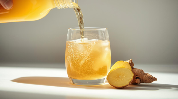 Lifestyle image – Kombucha served chilled with fresh ginger slices
