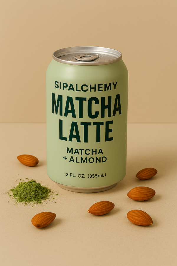Sipalchemy Matcha Latte Matcha + Almond 355ml ready-to-drink can with matcha powder and almonds displayed beside it