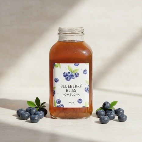 Blueberry Kombucha 500ml bottle with fresh blueberries